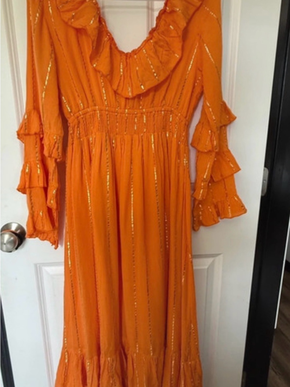 Orange Ruffle-Trim Maxi Dress with Metallic Accent